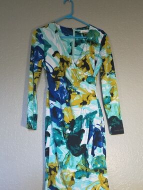 Calvin Klein Long-Sleeve Abstract Wrap Dress in Teal, Blue & Yellow
